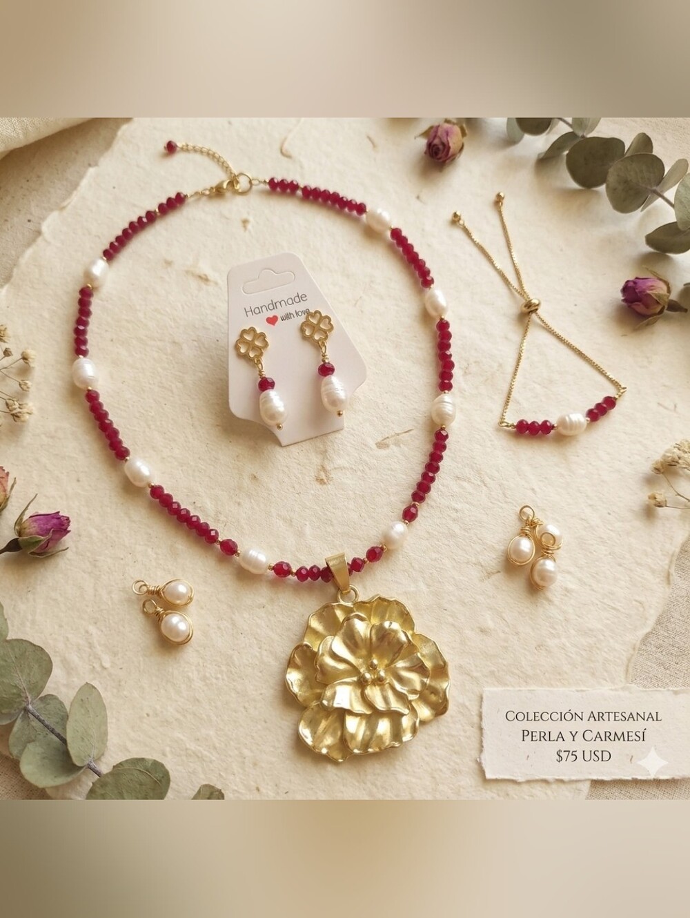 Handmade Gold Flower Pendant Necklace with Red Crystals Beads and Pearls.